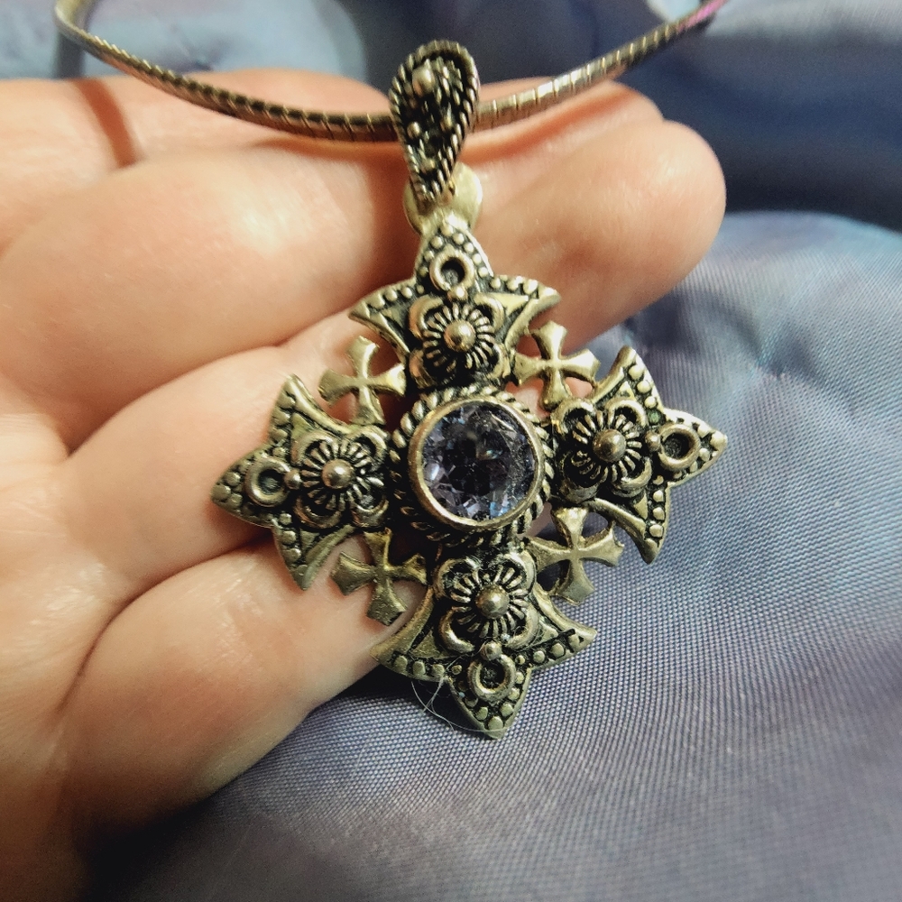 RARE - Vintage Jerusalem Bethlehem Gemstone Sterling Silver Cross